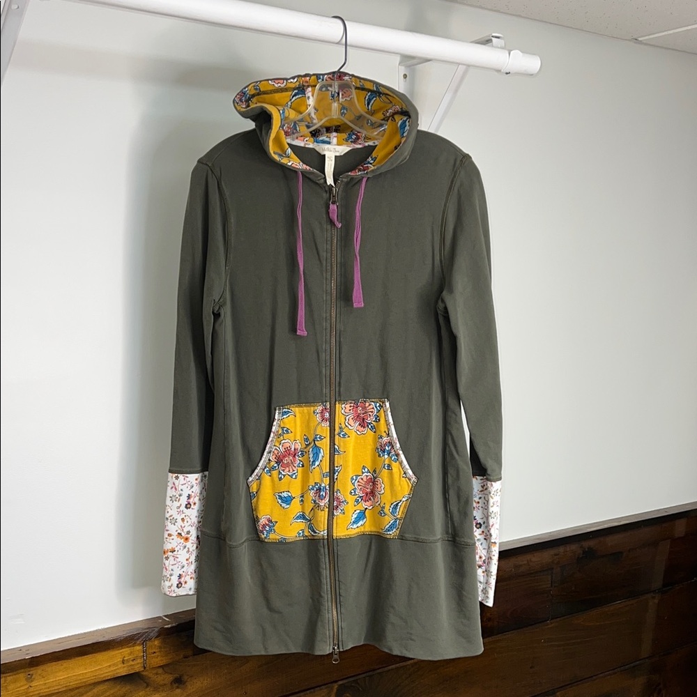 Matilda Jane Olive Green Tunic Length Zip Up Sweatshirt with Floral Accents- M